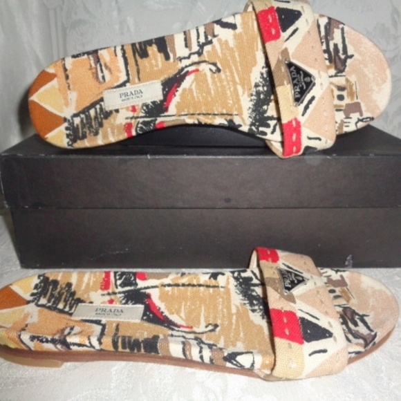 Prada Shoes - PRADA Tan Printed Fabric Flat Sandals 35 5 $350